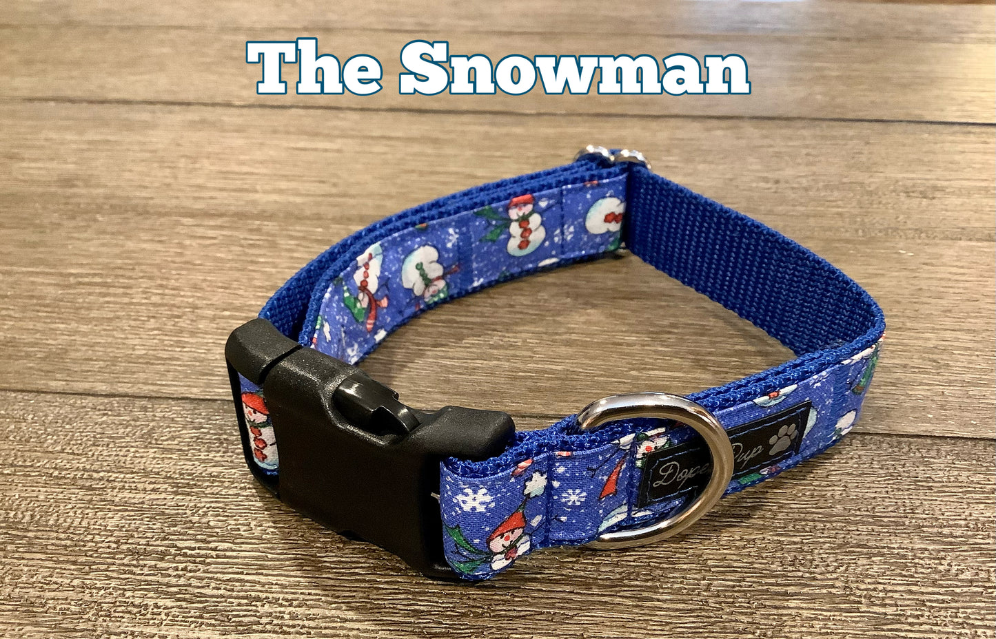Handmade Blue Dog Collar with Winter Snowmen