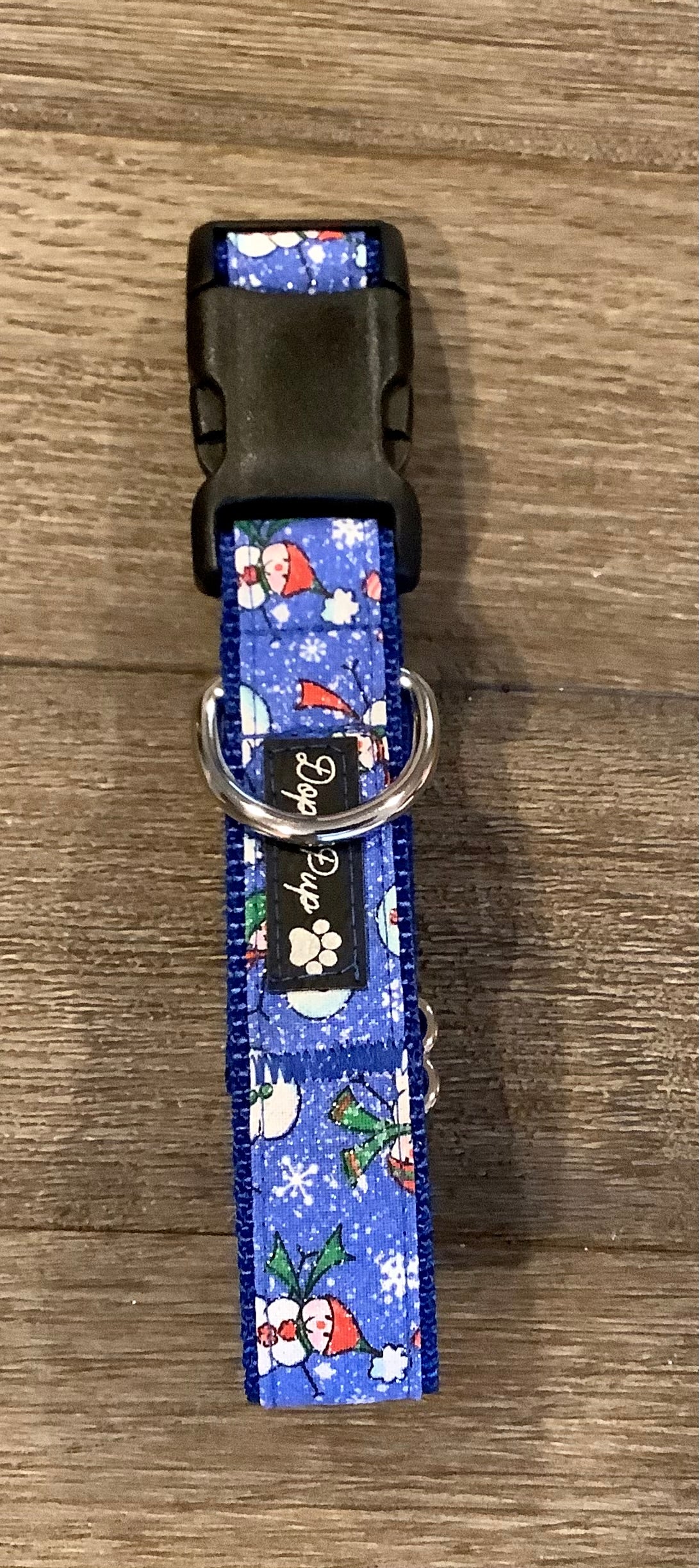 Handmade Blue Dog Collar with Winter Snowmen