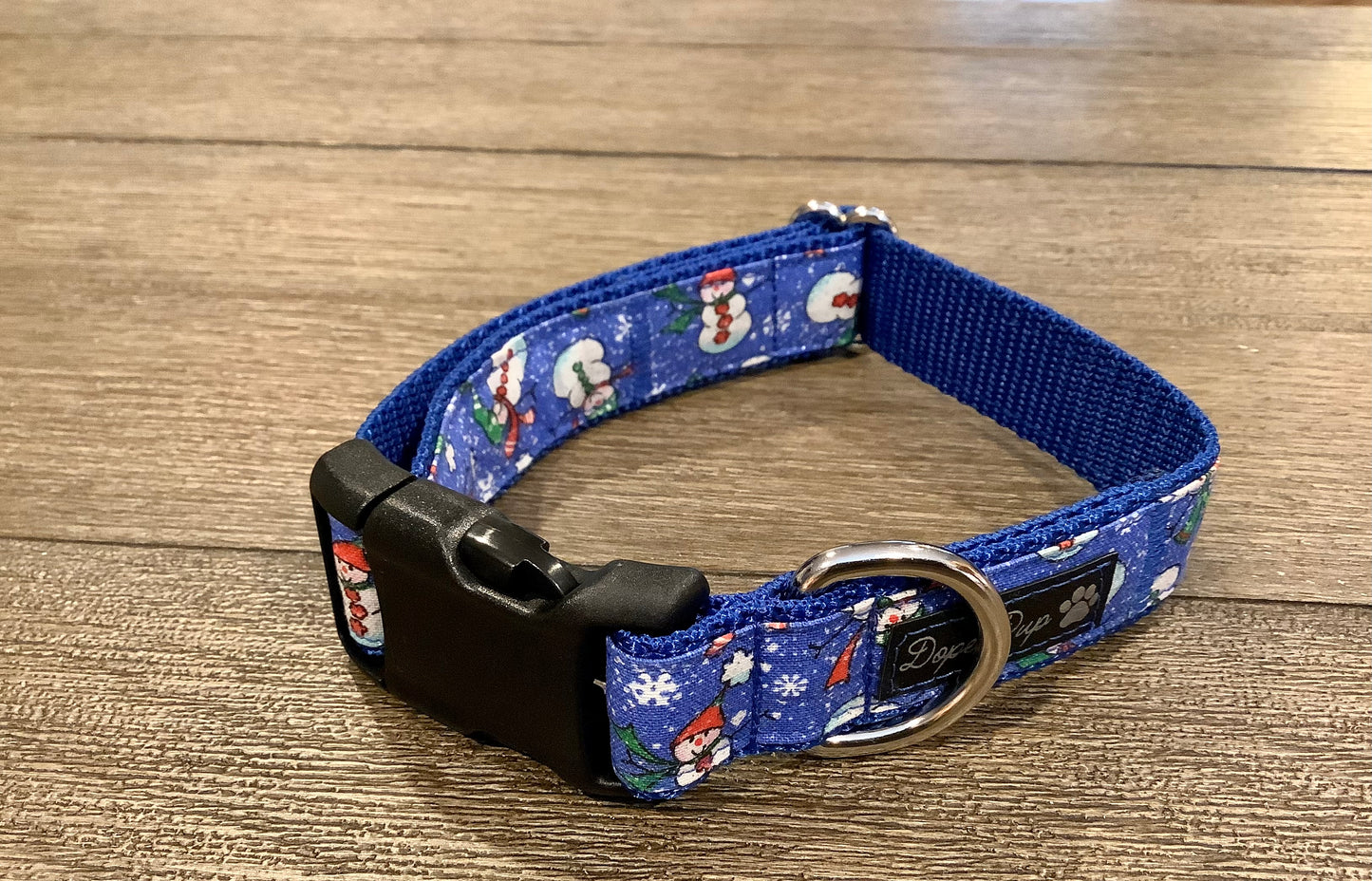 Handmade Blue Dog Collar with Winter Snowmen