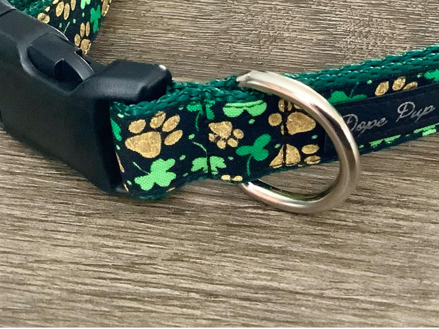 St Patrick’s Day Dog Collar with Shamrocks & Gold Paw Prints